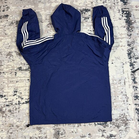 Vintage ADIDAS Pullover Men Anorak Jacket Windbreaker Navy Hood XL Stripes Lined - Picture 5 of 11